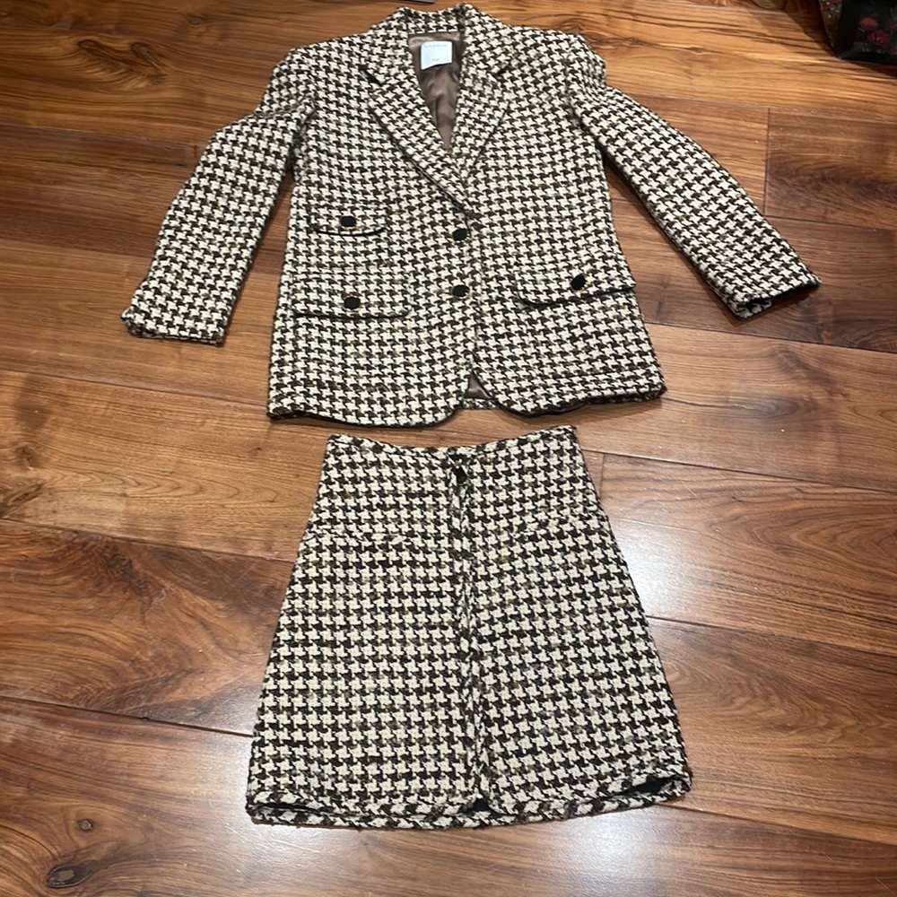 Sandro Esther Houndstooth Jacket H21gena Skirt maroon brown beige tweed suit set - Picture 3 of 12